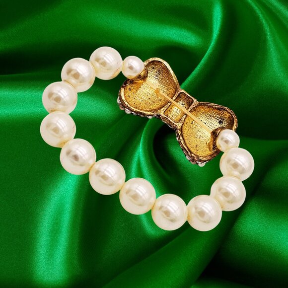 Pearl Stretch Bracelet w/ Large Pave Bow, Gold-Tone Rhinestone Center, Statement - Picture 6 of 10